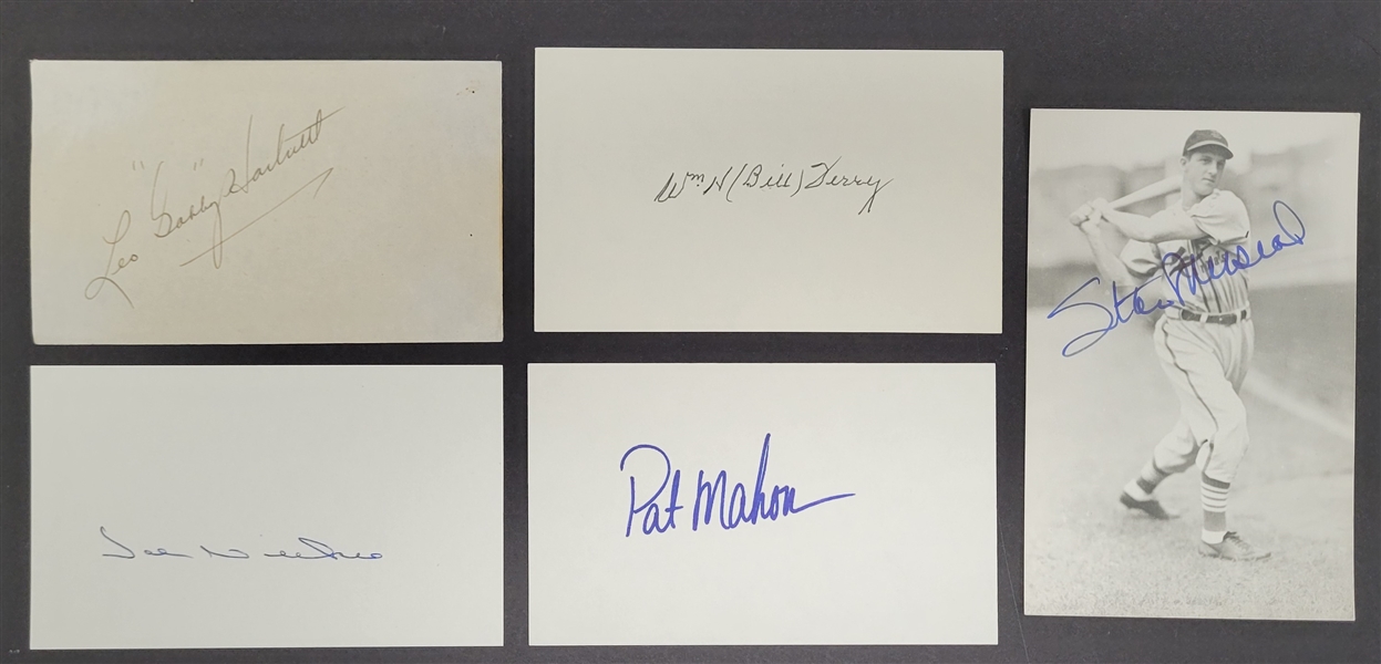 Lot of 4 Leo "Gabby" Hartnett, Bill Terry, Joe Niekro, & Pat Mahomes Autographed Index Cards w/ Stan Musial Autographed Postcard Beckett *1 LOA*