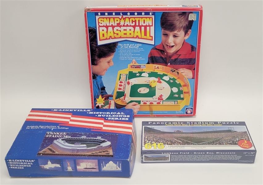 Lot of 3 - Snap Action Baseball Game, Lambeau Field Puzzle, & Yankee Stadium Model