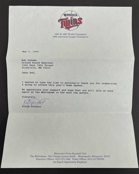 Kirby Puckett Signed 1995 Minnesota Twins Letter w/ Beckett LOA