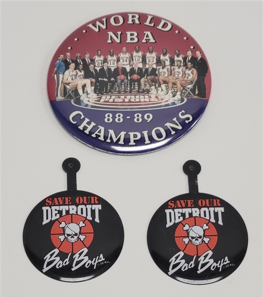 Lot of (3) - 1988-89 Detroit Pistons Bad Boys Pins & World Champions Button