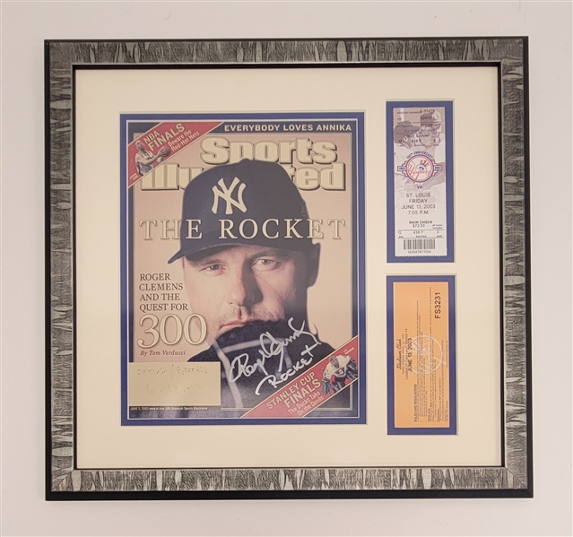 Roger Clemens Autographed & Inscribed Framed 2003 Sports Illustrated Magazine w/ 300th Win Ticket