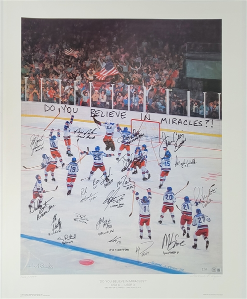 Team USA 1980 Miracle Hockey Team Autographed & Hometown Inscribed 32x26 Lithograph w/ Herb Brooks LE #7/10 Beckett LOA