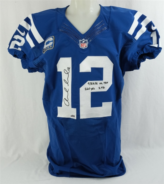 Andrew Luck 2015 Indianapolis Colts  Photomatched Game Used Autographed & Inscribed Jersey Worn During a 9/27/2015 Win vs. Titans Panini LOA & Original Box 