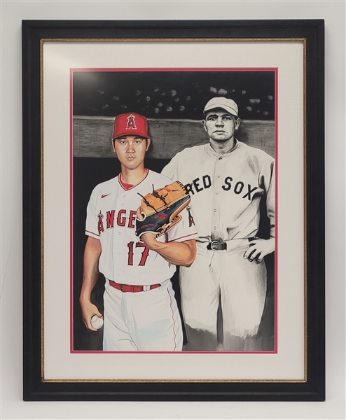 Babe Ruth/Shohei Ohtani Original 20x27 James Fiorentino Watercolor Painting Framed 29x37