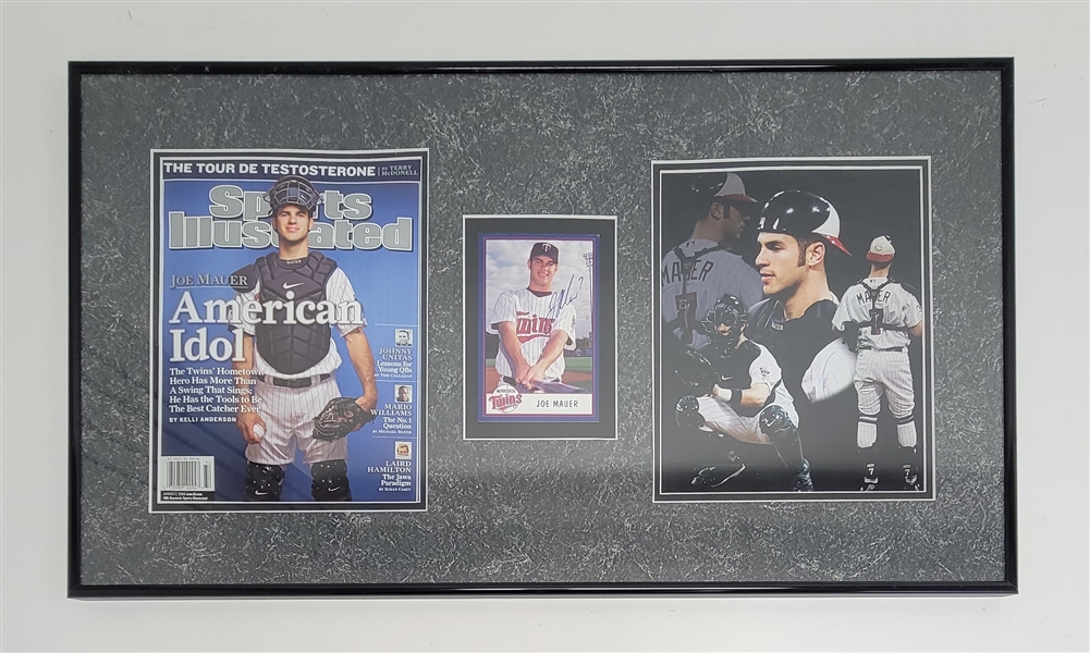 Joe Mauer Autographed & Framed Minnesota Twins Postcard Display w/ Beckett LOA