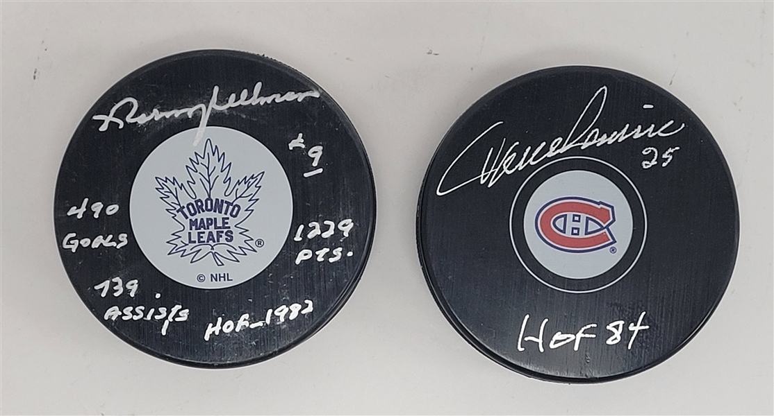 Lot of 2 Jacques Lemaire & Norm Ullman Autographed & Inscribed Hockey Pucks