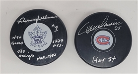 Lot of 2 Jacques Lemaire & Norm Ullman Autographed & Inscribed Hockey Pucks