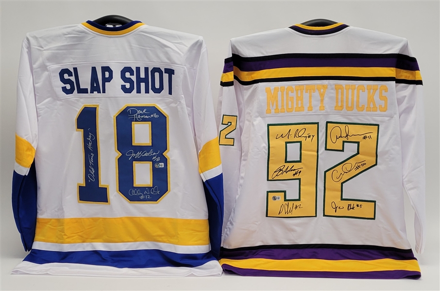 Lot of 2 "Slap Shot" & "Mighty Ducks" Autographed Custom Jerseys Beckett