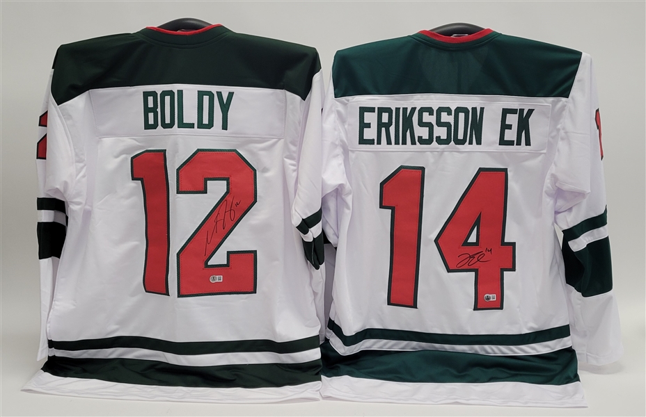 Lot of 2 Matt Boldy & Joel Eriksson Ek Autographed Custom Jerseys Beckett