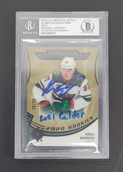 Kirill Kaprizov Autographed & Inscribed 2020-21 Ultimate Collection Ultimate Introductions Gold Rookie Card LE #26/49 Beckett Slabbed