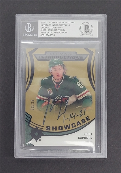 Kirill Kaprizov Autographed & Inscribed 2020-21 Ultimate Collection Ultimate Introductions Gold Rookie Card LE #33/35 Beckett Slabbed