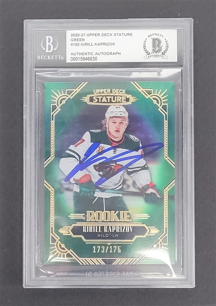 Kirill Kaprizov Autographed 2020-21 Upper Deck Stature Green Rookie Card LE #173/175 Beckett Slabbed