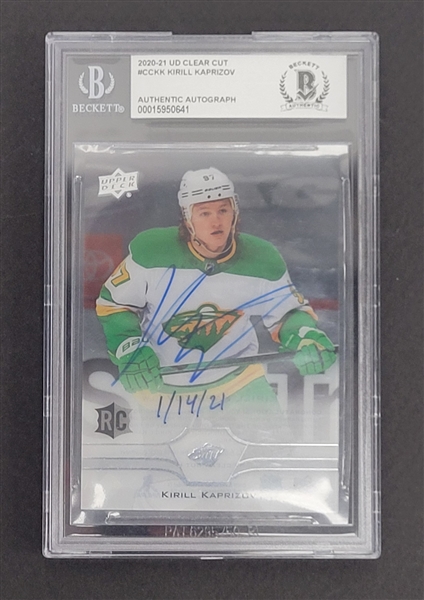 Kirill Kaprizov Autographed & Inscribed 2020-21 Upper Deck Clear Cut Rookie Card Beckett Slabbed