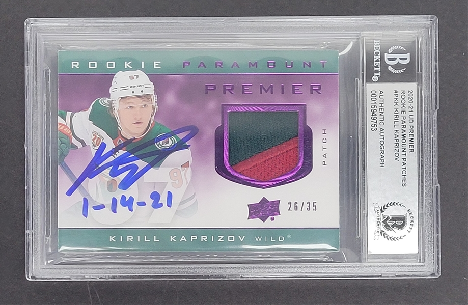 Kirill Kaprizov Autographed & Inscribed 2020-21 Upper Deck Premier Rookie Paramount Patches Rookie Card LE #26/35 Beckett Slabbed