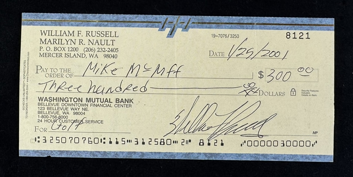 Bill Russell Signed Check w/ Russell LOA