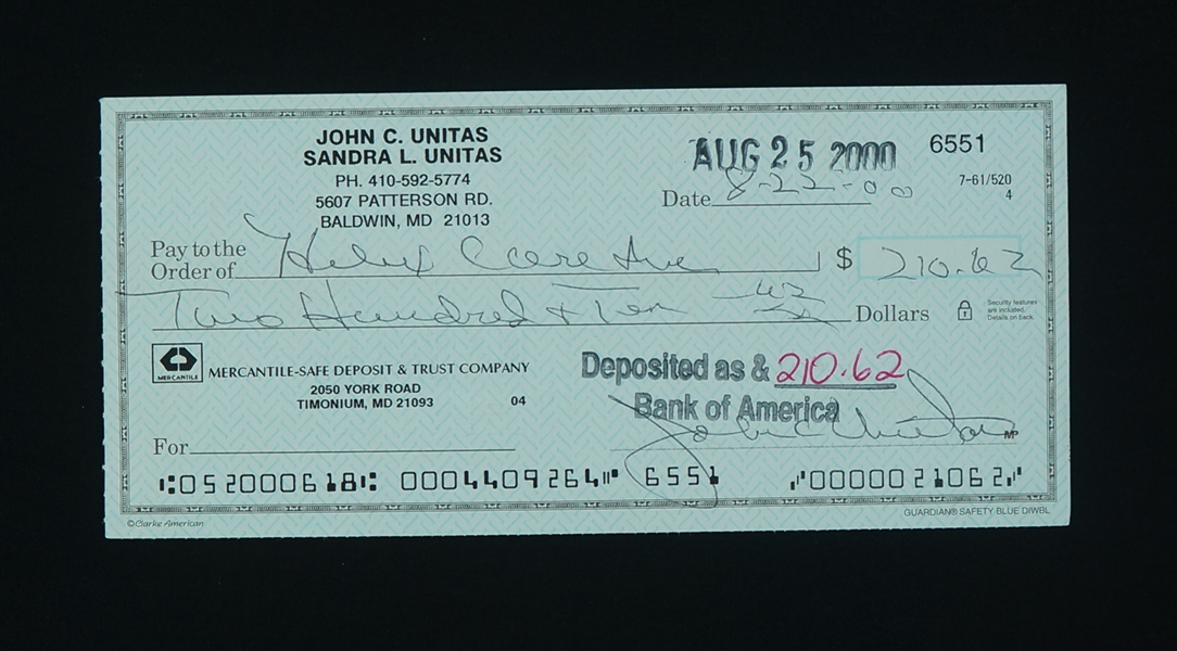 Johnny Unitas Signed Check w/ Unitas Family LOA