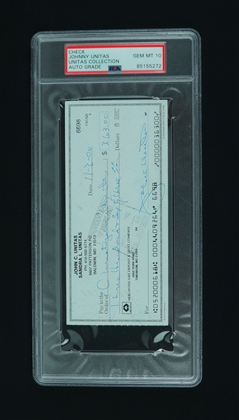 Johnny Unitas Signed Check PSA 10 w/ Unitas Family LOA