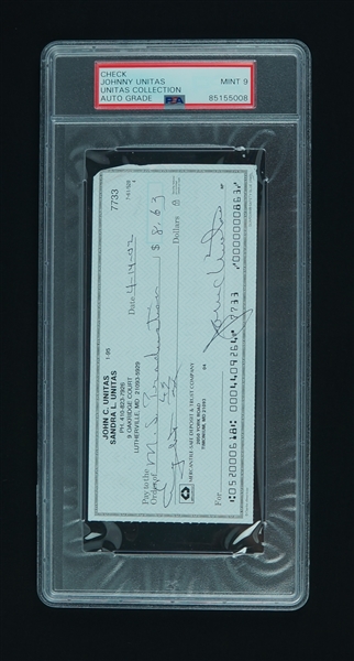 Johnny Unitas Signed Check PSA 9 w/ Unitas Family LOA