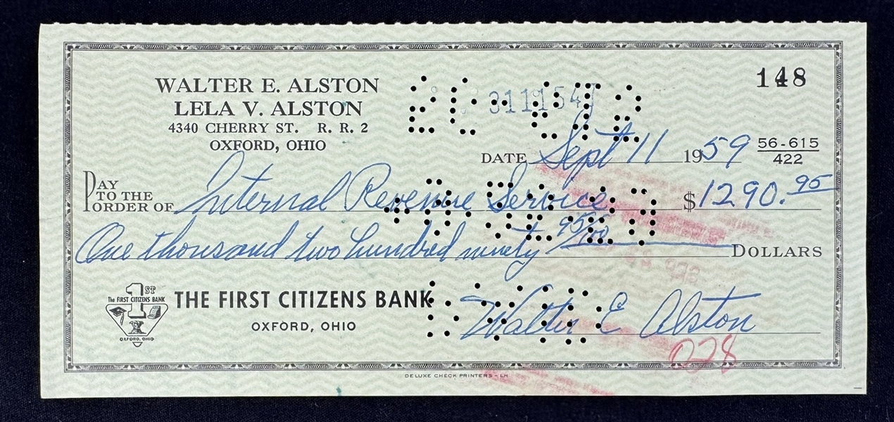 Walt Alston Signed Check Made Out to the IRS