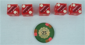 Vintage 1970s Las Vegas Casino $25 Poker Chip & 5 Dice