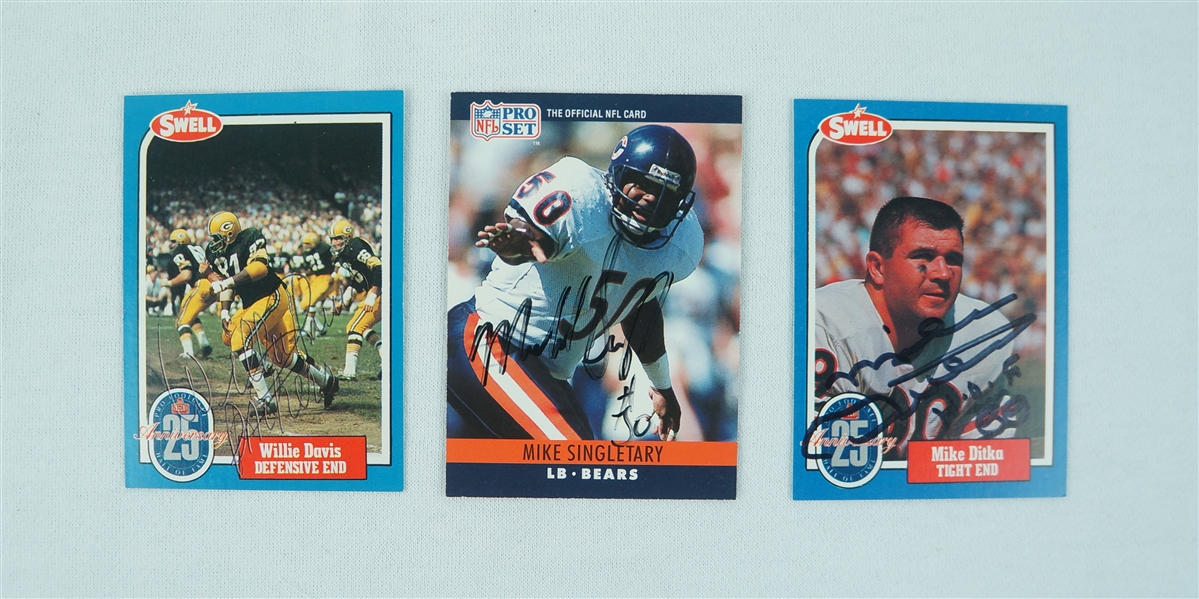 Lot of 3 Mike Ditka, Mike Singletary, & Willie Davis Autographed Cards