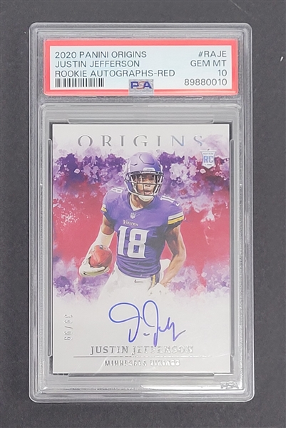 Justin Jefferson 2020 Panini Origins Rookie Autographs - Red Rookie Card LE #39/99 PSA 10