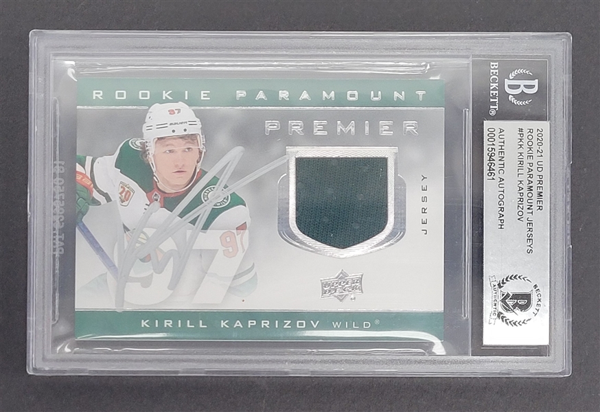 Kirill Kaprizov Autographed 2020-21 Upper Deck Premier Rookie Paramount Jerseys Rookie Card Beckett Slabbed