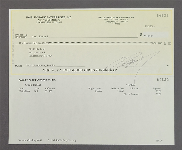 Prince RARE Signed Check w/ JSA LOA & Letter of Provenance