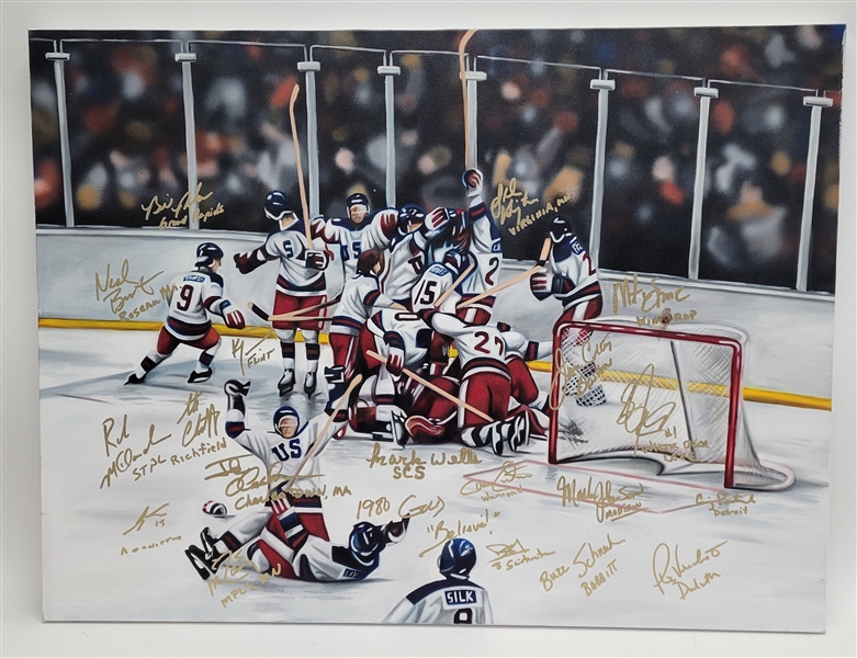 1980 Miracle Hockey Team Autographed & Hometown Inscribed Original Ben Labuzzetta 30x40 Canvas Painting Beckett