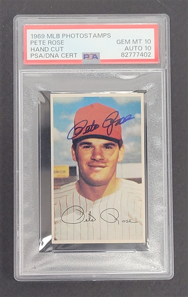 Pete Rose Autographed 1969 MLB Photostamps Hand Cut Card PSA 10 Auto 10