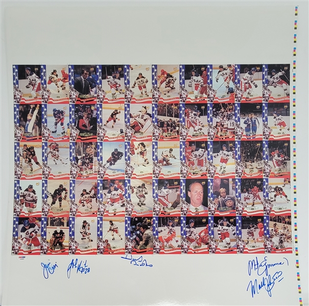 1980 Miracle Hockey Team Signed Uncut Card Sheet w/ 5 Signatures Including Herb Brooks PSA/DNA