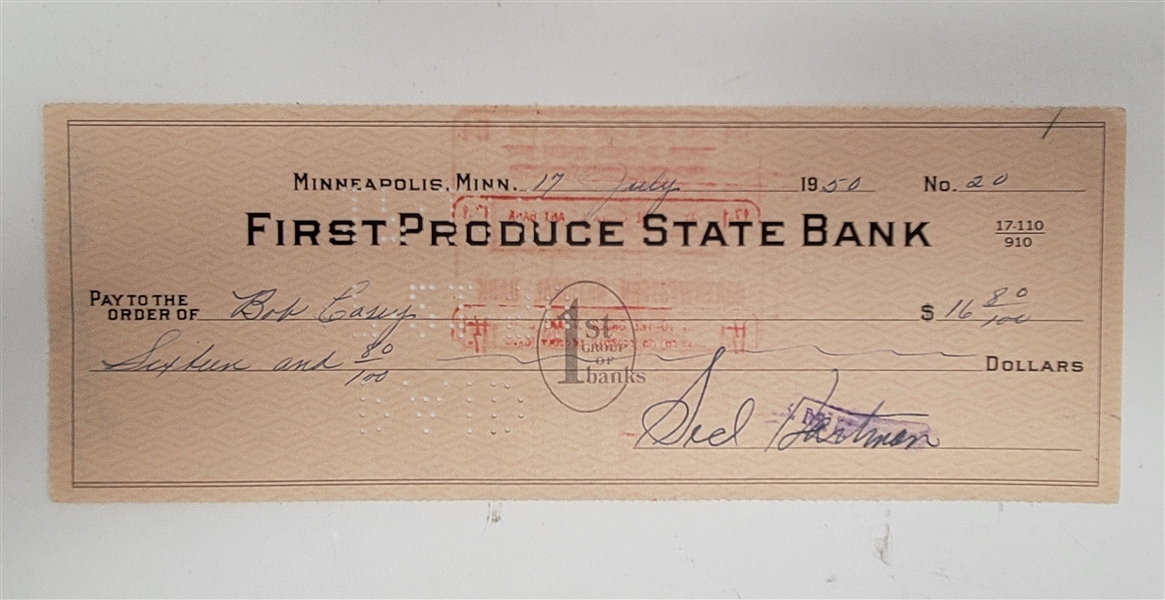 Sid Hartman Signed Check From 1950