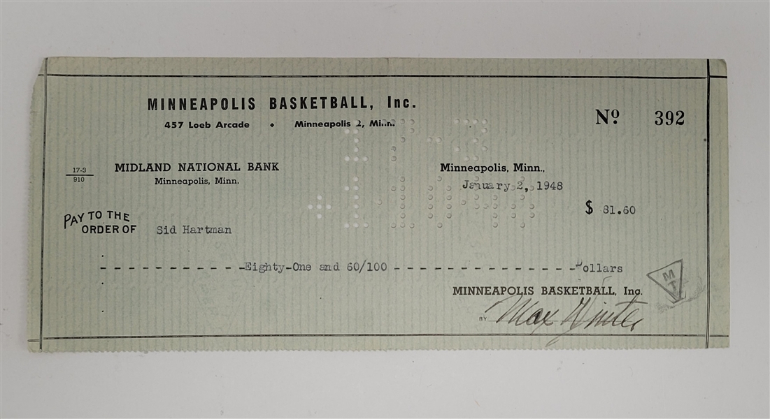 Max Winter & Sid Hartman Signed Minneapolis Lakers Check From 1948