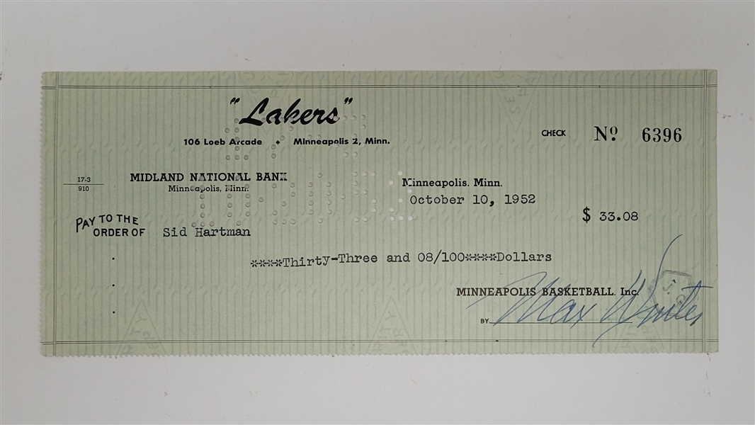 Max Winter & Sid Hartman Signed Minneapolis Lakers Check From 1952