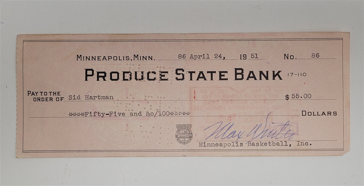 Max Winter & Sid Hartman Signed Minneapolis Lakers Check From 1951