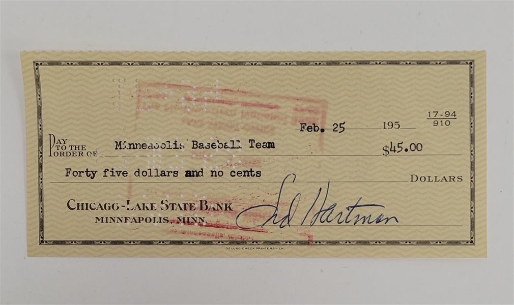 Sid Hartman Signed Check From 1958