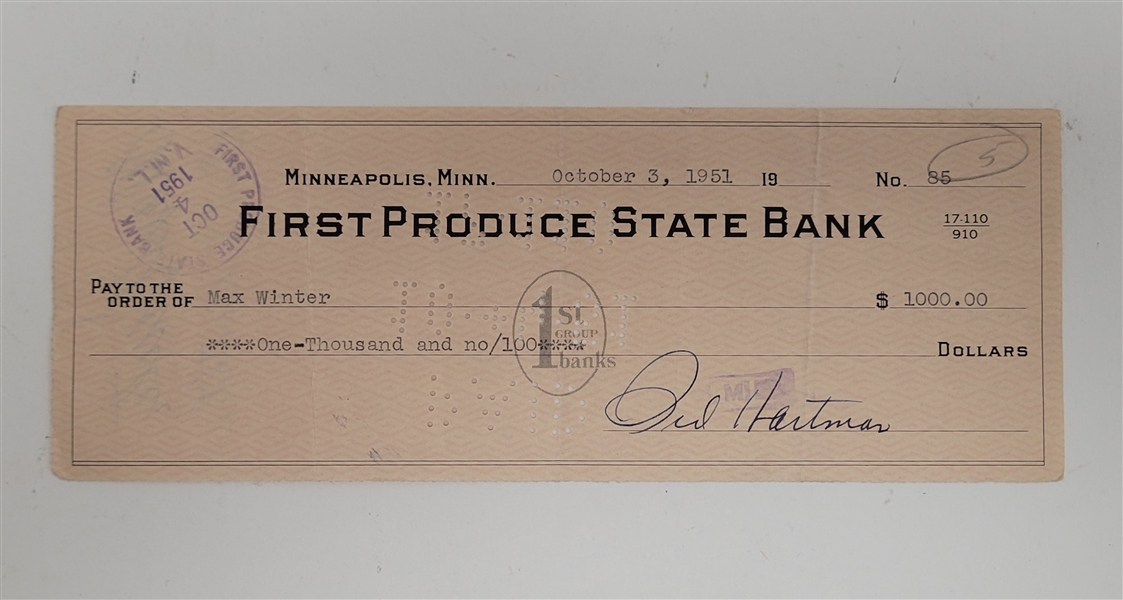 Max Winter & Sid Hartman Signed Check From 1951