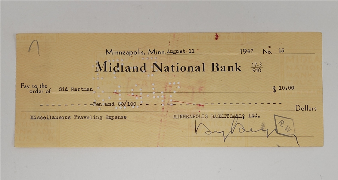 Sid Hartman Signed Check From 1947