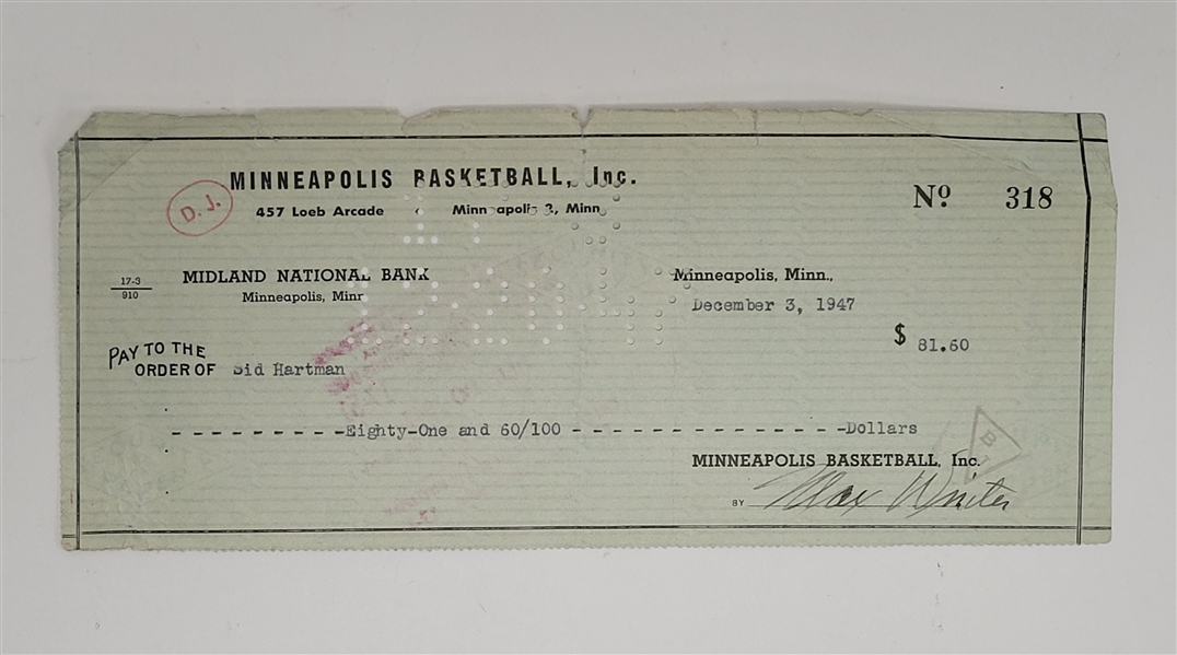 Max Winter & Sid Hartman Signed Minneapolis Lakers Check From 1947