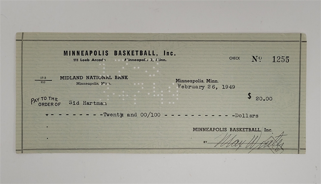 Max Winter & Sid Hartman Signed Minneapolis Lakers Check From 1949