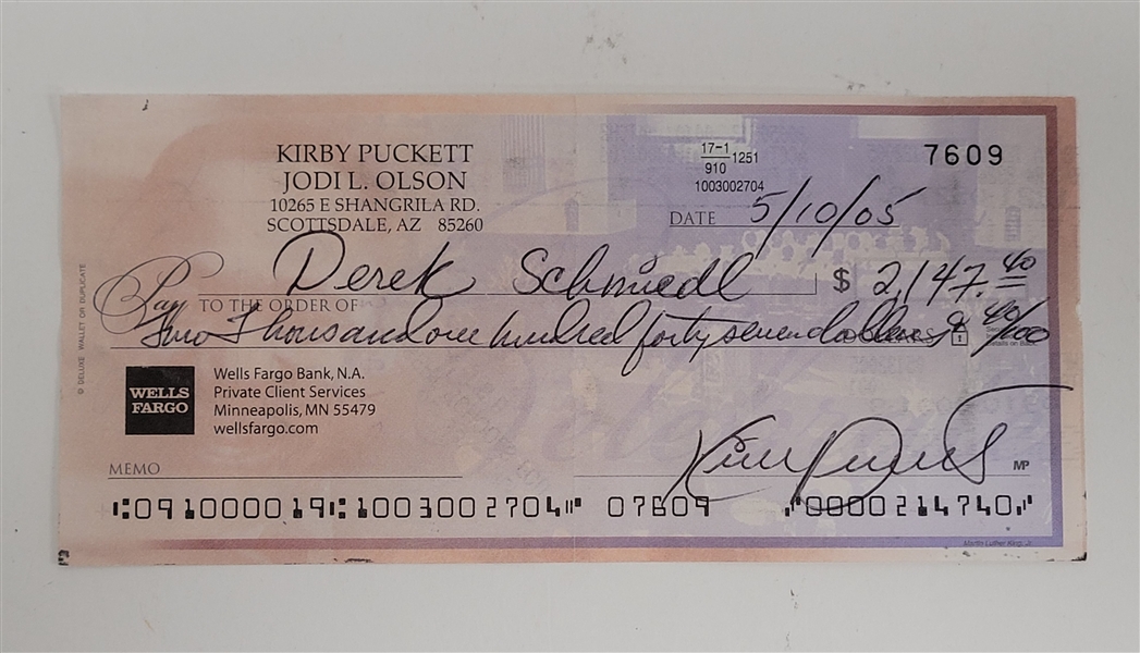 Kirby Puckett Signed Check From 2005