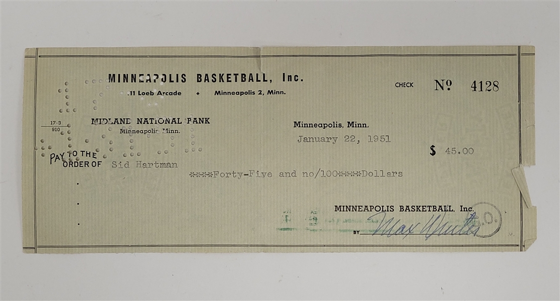 Max Winter & Sid Hartman Signed Minneapolis Lakers Check From 1951