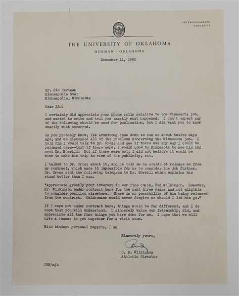 Bud Wilkinson Signed University of Oklahoma Letter to Sid Hartman JSA