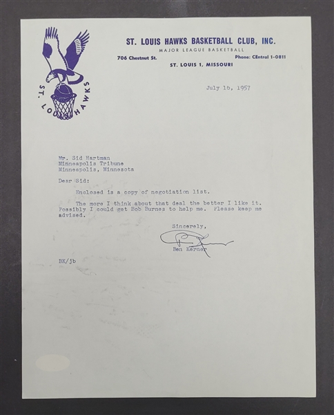 Ben Kerner Signed 1957 St. Louis Hawks Letter to Sid Hartman JSA