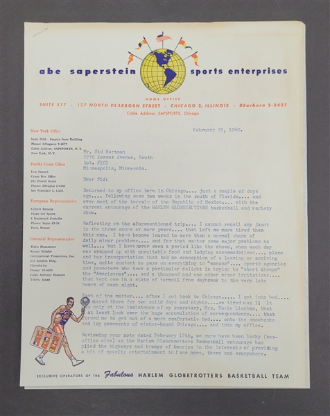 Abe Saperstein Signed 1960 Harlem Globetrotters Letter to Sid Hartman w/ JSA LOA