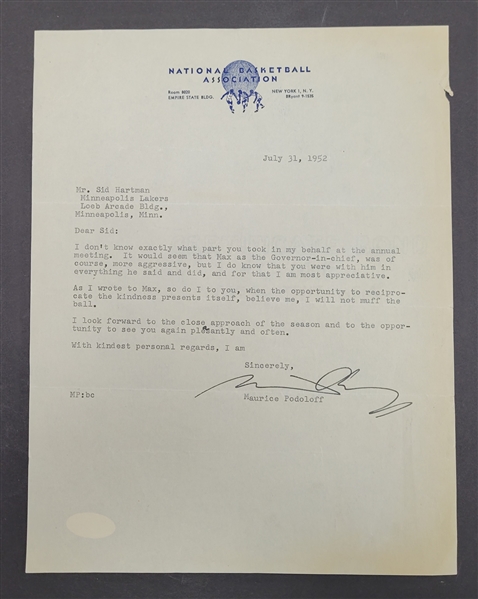 Maurice Podoloff Signed 1952 NBA Letter to Sid Hartman w/ JSA LOA