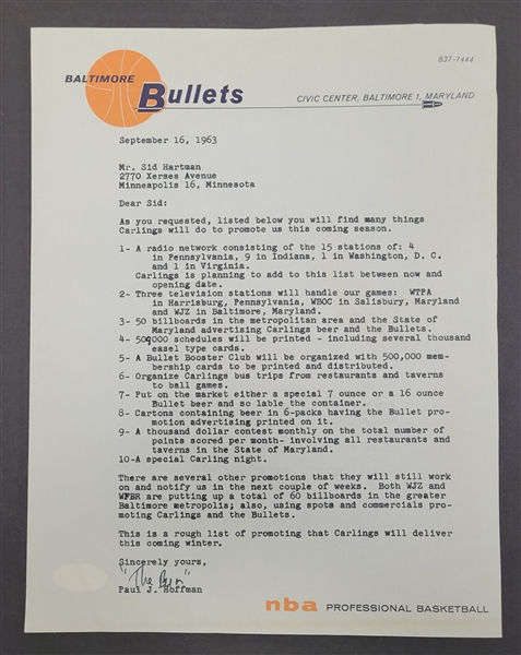 Paul Hoffman Signed 1963 Baltimore Bullets Letter to Sid Hartman JSA