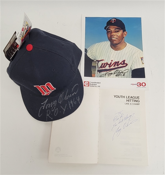 Tony Oliva Autographed Lot of 3 - Autographed Hat, 8x10 Photo, & Book