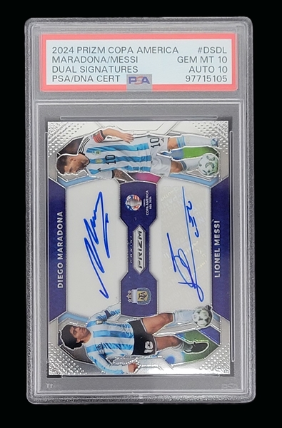 Lionel Messi/Diego Maradona 2024 Prizm Copa America Dual Signatures Card PSA 10 Auto 10