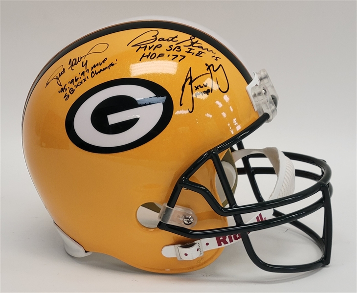 Bart Starr, Brett Favre, & Aaron Rodgers Triple Autographed & Inscribed Green Bay Packers Full Size Replica Helmet JSA